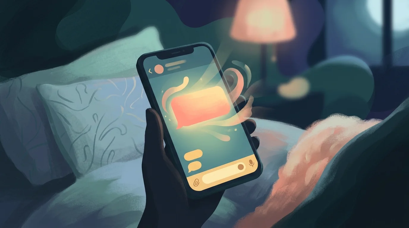 Смартфон в ночное время с открытым чатом психолога-бота в Телеграме