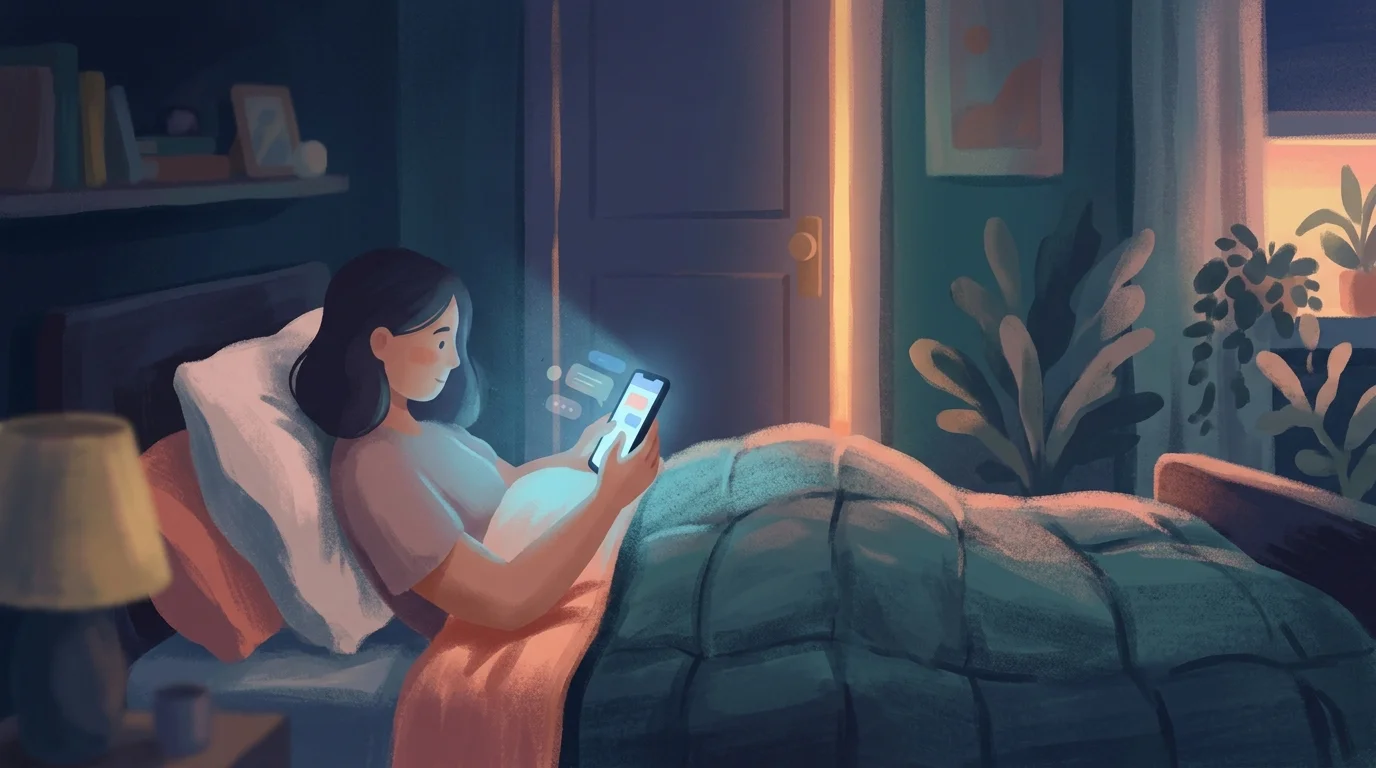 Человек получает поддержку от ИИ-психолога поздно ночью через смартфон